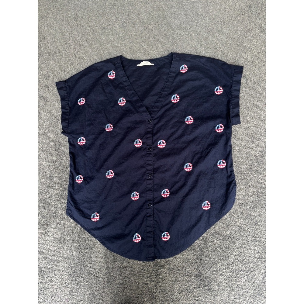 Lucky Brand Shirt Women's Size Small Navy Blue Flag Embroidery Button Front